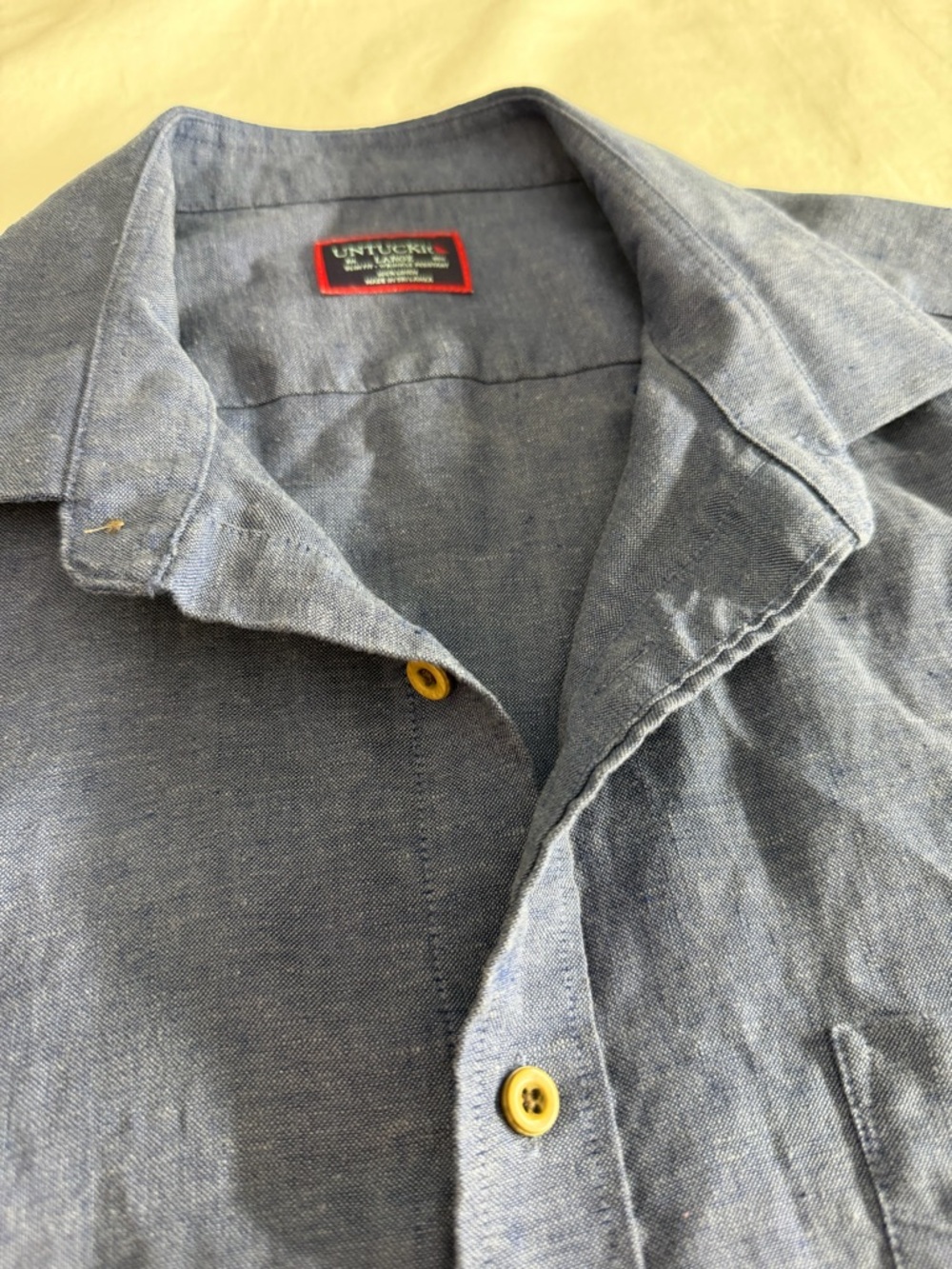 UNTUCKit Men’s XL Blue Linen, Wrinkle Resistant, Short Sleeve, Slim Fit